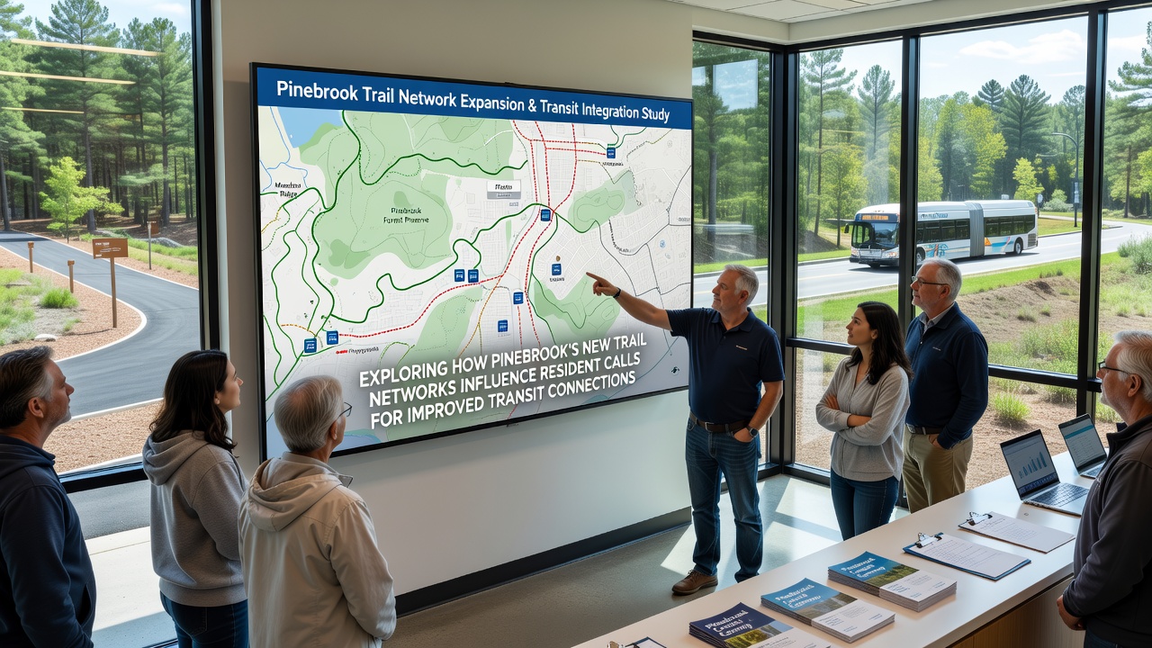 Residents gathered at a Pinebrook transit stop discussing festival season shuttle needs near expanded trail entrances