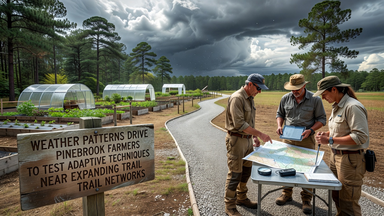 Farmers inspecting adaptive irrigation systems alongside Pinebrook trail expansion